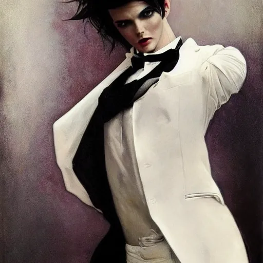 Image similar to beautiful portrait of androgynous ruby rose as desire from sandman in a white tuxedo!!!, rockabilly style,, by alphonse mucha, by jeremy mann, by peter lindbergh, cedric peyravernay, by frank moth, white suit and black tie, soft lightning, high detailed, 8 k