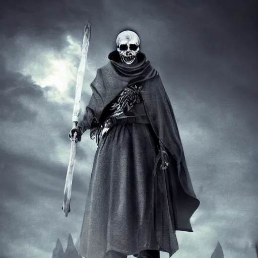 Image similar to a man with a skull head in a grey cloak holding his black spear up to the sky, Digital art