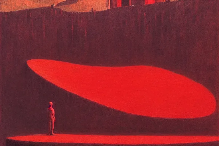 Image similar to only with red, a red melted emperor, taormina amphitheatre, crowd hails him, in the style of beksinski, parts by edward hopper, parts by rodcenko, parts by yue minjun, intricate and epic composition, red by caravaggio, insanely quality, highly detailed, masterpiece, red light, artstation, 4 k