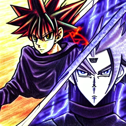 Prompt: portrait anime, manga drawing of yugi muto versus sauron by kazuki takahashi