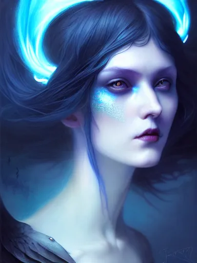 Image similar to dark sorceress with blue skin by james jean, charlie bowater, tom bagshaw, nikolay makovsky, melanie delon : : enchanting, ethereal, magical, glowing, sparkle, prismatic, portrait, character design, illustration, hyperrealism, photorealism, digital art, concept art, dark fantasy, whimsy, weta, wlop, artstation