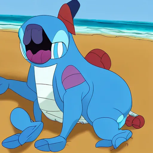 Prompt: Stitch laying onthe beach. Lilo & Stitch animate style.