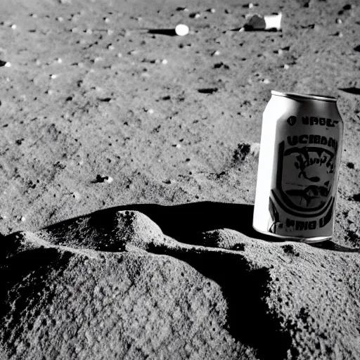 Image similar to photo of an electric guitar sitting idle and a beer can sitting idle on the moon surface. nuclearpunk