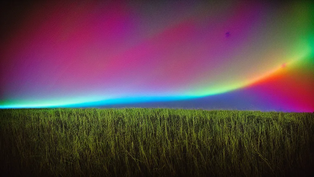 Prompt: vivid washes of color. contrast of light and dark. cinematic spangled cosmic polaroid. brocken spectre. It is dark all around. The wind and light making dramatic whorls and spiral patterns of shadow and light in the grass. blinding silver, viridescent, at play. spangled night time photography.