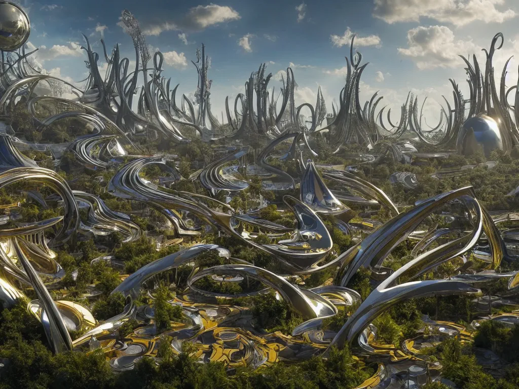 Prompt: a busy elaborate ornate outdoor sci - fi park, cinematic, shadows, partly cloudy day, 4 k, detailed, by zaha hadid and peter jackson and ridley scott and beeple and greg rutowski