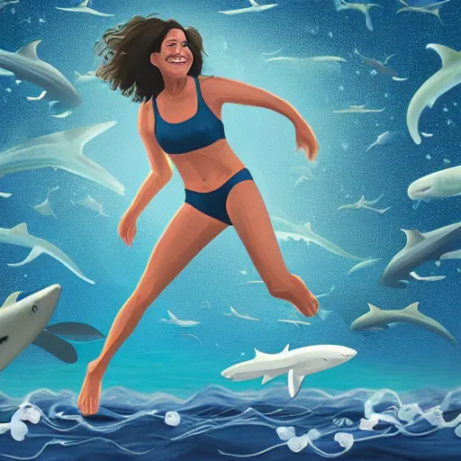 Image similar to digital art, trending on artstation, an athletic woman in her fifties with curly brown hair, swimming smiling in the middle of a rough sea surrounded by sharks, above her, in the night sky there is a star.