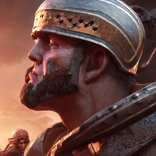 Image similar to a roman solider going into battle with a face that is angry and one that of breavey, 4 k, unreal engine 6, very detailed, high quality, painting,