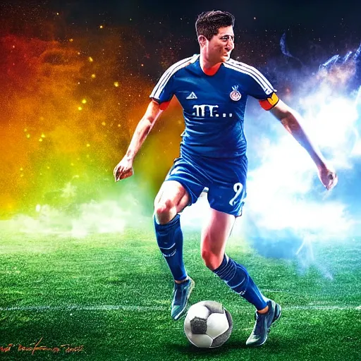 Image similar to Robert Lewandowski playing football at stage in galaxy, digital art, ultrarealistic, artstation, 8k, hyperdetalied, high quality, high render