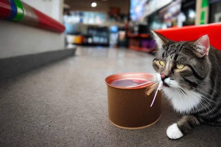 Prompt: cat smoking a cigarette in 7 - eleven wide angle lens