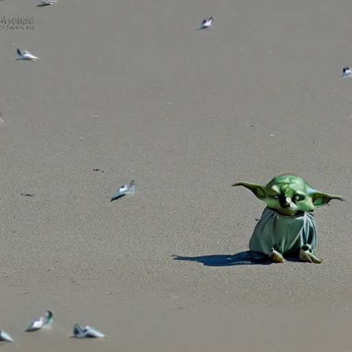 Image similar to sad real life Yoda on a beach, seagulls pecking Yoda’s head