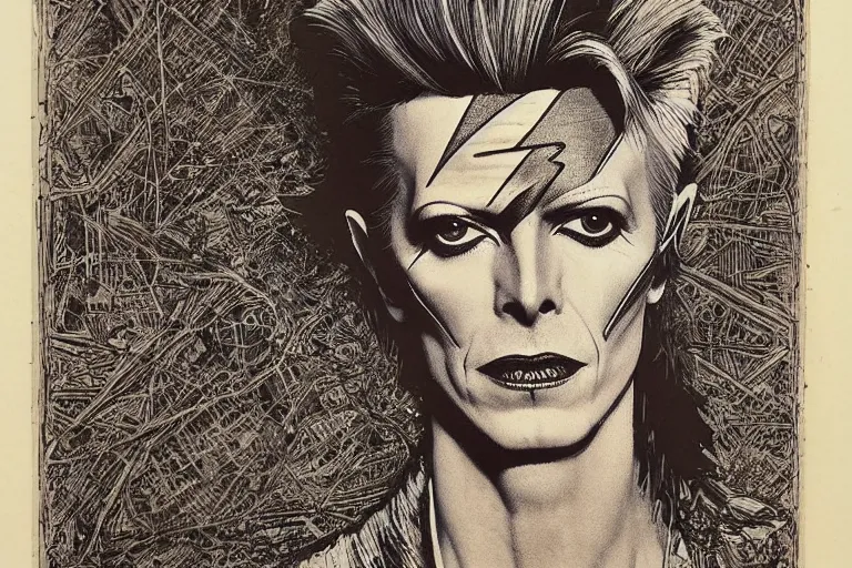 Image similar to david bowie aladdin sane by ed fairburn, joseph clement coll, franklin booth