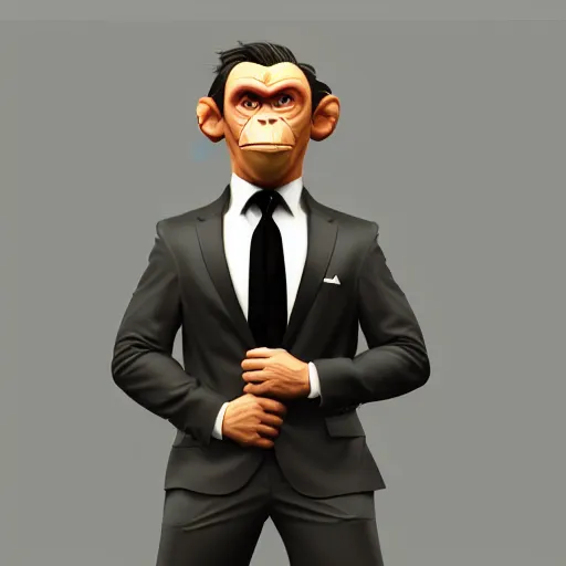 Prompt: portrait of a professional monkey!!!!!!! in a suit, studio lighting, 3 / 4 view, majestic pose, corporate business, trending on artstation, artgerm, cgsociety