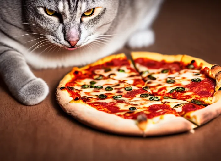Image similar to fat cat eating a slice of pizza. highly detailed 8 k. intricate. lifelike. soft light. nikon d 8 5 0 5 5 mm. dof. cinematic postprocessing.