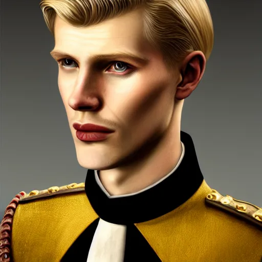 Image similar to A Crusader Kings II portrait of a blond young English man with high cheekbones. Good bone structure. Dressed in 1940s style. Highly detailed, fine Art, high detail, great lighting, 8k resolution, masterpiece, concept art, illustration, clear eyes, painting oil on canvas, octane render, HDR, trending on artstation, 4k, 8k, HD