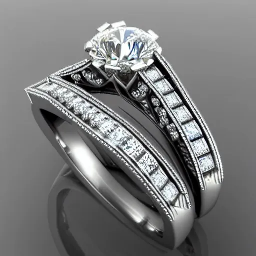 Image similar to engagement ring with two diamonds outside and one in the middle. concept art, victorian, multiple angles, schematic