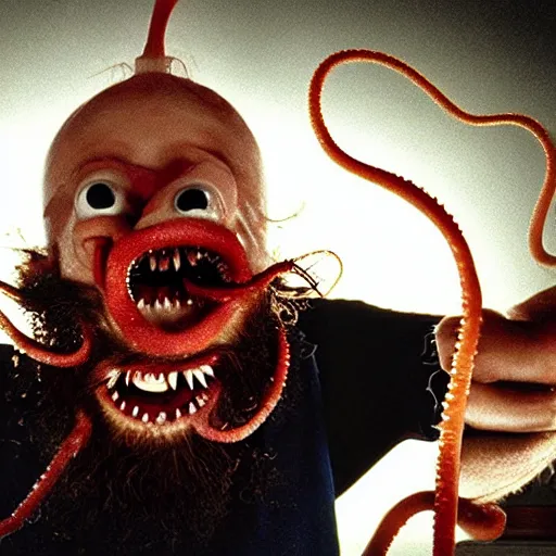 Image similar to filmic bearded man with living teeth and tentacles in the style of the horror film The Thing 1982