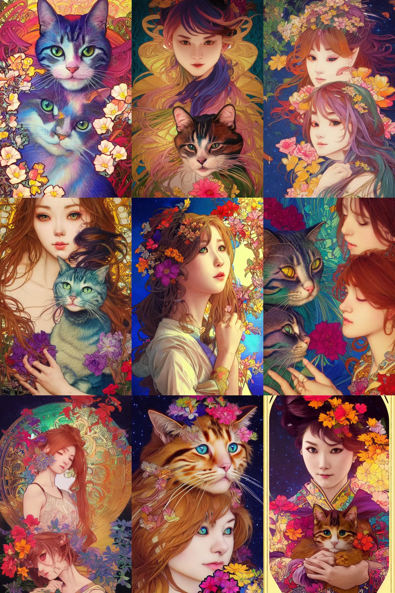 Prompt: portrait, colorful cats, night, japan, 4 k, ultra realistic, beautiful colors, epic lighting, flowers, high detail, masterpiece, trending on artstation by artgerm and akihito tsukushi and alphonse mucha, crayons