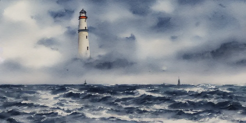 Image similar to stormy sea and dramatic sky, a lighthouse on a cliff, watercolor, artstation, realistic, moody