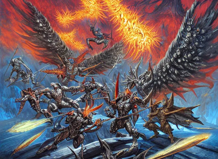 Image similar to dynamic futuristic bibilical depiction battle scene of aggressive winged silver warriors with fire crowns against final boss, d & d, muscular! crossfit, fitness, tight wrinkled cloath, vivid color scheme, atmospheric perspective, fantasy, intricate, elegant, highly detailed, digital painting, smooth, sharp focus, art by ed emshwiller and jesper ejsing