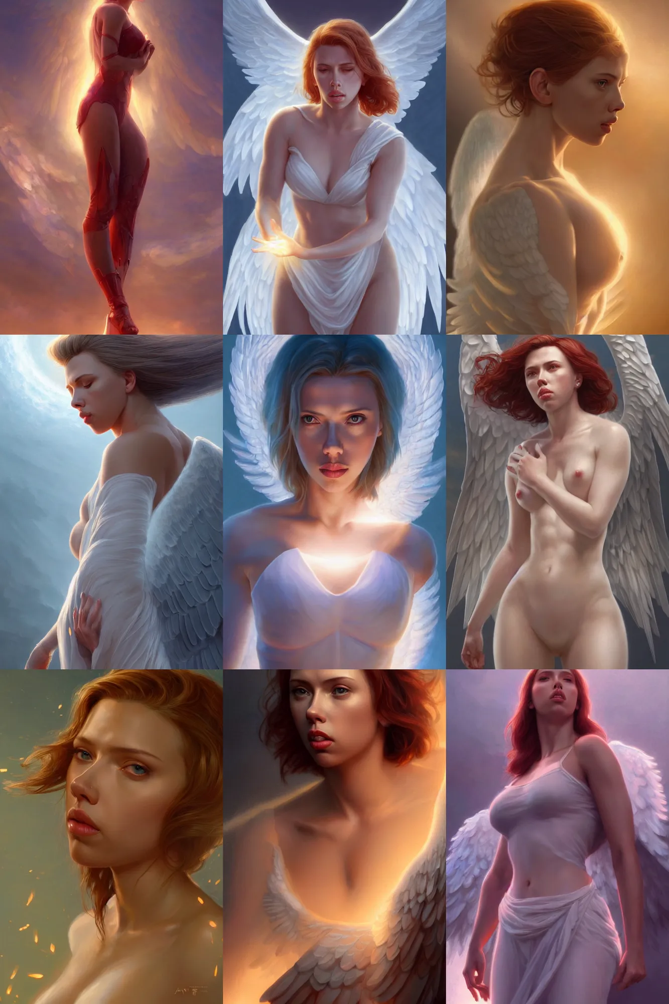 Prompt: scarlet johansson as a heavenly angel, anatomy, bathing in light, highly detailed, digital painting, artstation, concept art, smooth, sharp focus, illustration, unreal engine 5, 8 k, art by art by artgerm and greg rutkowski and edgar maxence