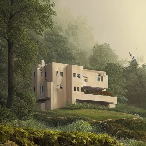 Image similar to beige house with collumns around a garden, on a hill surrounded by big trees, dramatic lighting, artstation, matte painting, raphael lacoste, simon stalenhag, frank lloyd wright, drone view