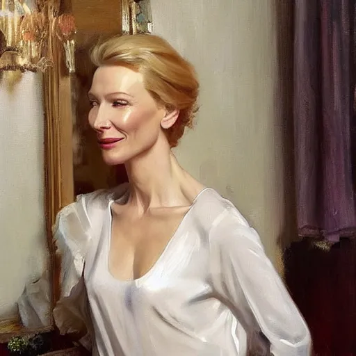 Image similar to cate blanchett in low-cut blouse in front of a mirror, painting by Vladimir Volegov