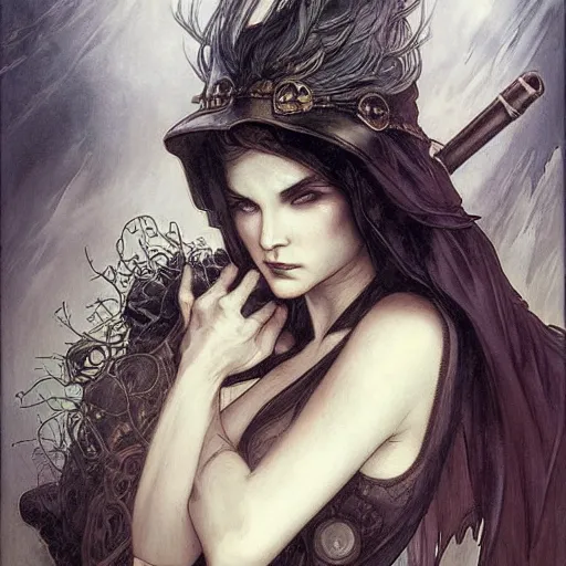 Prompt: a dieselpunk painting in the style of luis royo, and in the style of charlie bowater, and in the style of alphonse mucha. symmetry, smooth, sharp focus, semi - realism, intricate detail.