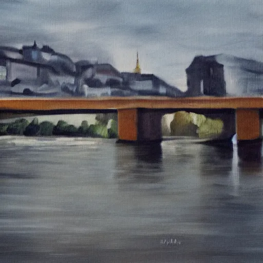 Prompt: very abstract painting of the rhine in basel, very rough brush strokes, the munster in the background, muted greyscale colors, great composition