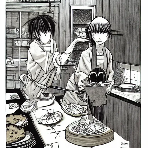 Image similar to evil anthropomorphic cookie cooking a bunch of cookies, in the kitchen, in vagabond manga by takehiko inoue, black ink