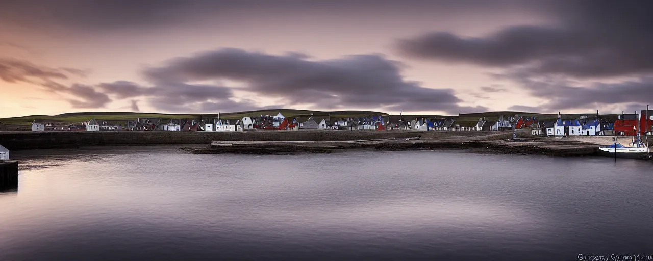 Prompt: a landscape photograph of the harbour at Stromness orkney, by Gregory Crewdson, wide angle, sunset