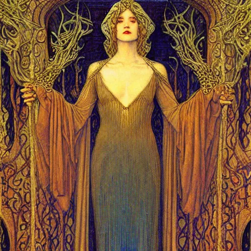 Image similar to a beautiful young medieval queen by jean delville, art nouveau, symbolist, visionary, gothic