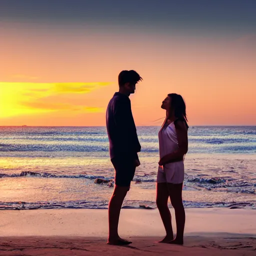 Image similar to Portrait of of a young 22 year old couple on the beach, face facing the ocean, sunrise, ray tracing, uplifting mood, happiness, majestic, 16k