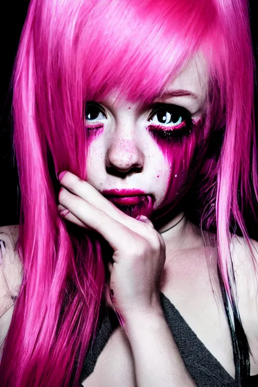 Prompt: horror girl pink hair tears from the eyes, alone in the room