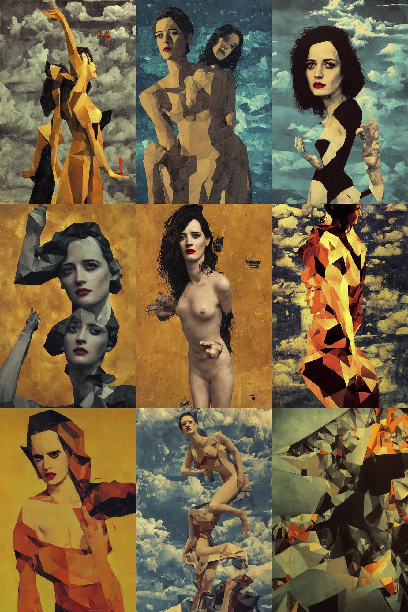 Prompt: low poly, industrial, soviet painting, eva green, hell, heaven, sky, thunder clouds, concept art, trending on artstation, 3d, star wars, social realism, barocco, Frank Frazetta, Denis Sarazhin, klimt, Dean Ellis, Detmold Charles Maurice, gustav klimt, levitation, movie poster 1993 anime