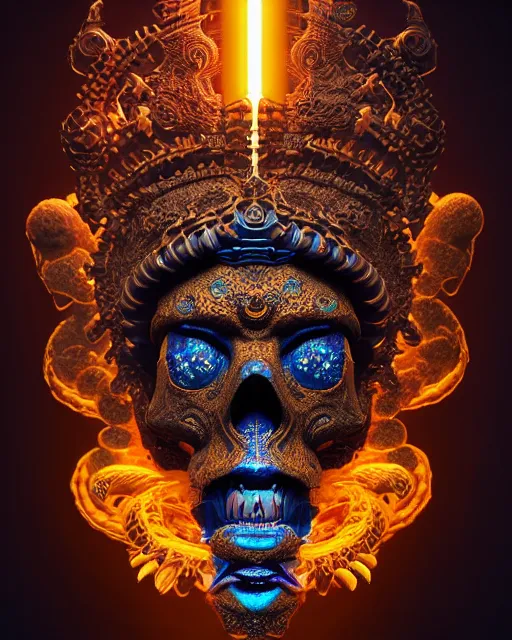 Image similar to 3 d ornate carved dark cosmic king with tattoos profile portrait, sigma 5 0 0 mm f / 5. beautiful intricate highly detailed quetzalcoatl skull. bioluminescent, plasma, lava, ice, water, wind, creature, thunderstorm! artwork by tooth wu and wlop and beeple and greg rutkowski, 8 k trending on artstation