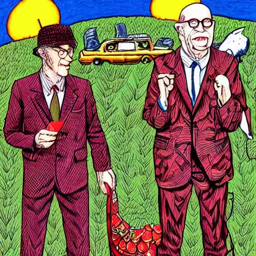 Prompt: The Artwork of R. Crumb and his Cheap Suit Klaus Schwab and Justin Tradeau, pencil and colored marker artwork, trailer-trash lifestyle