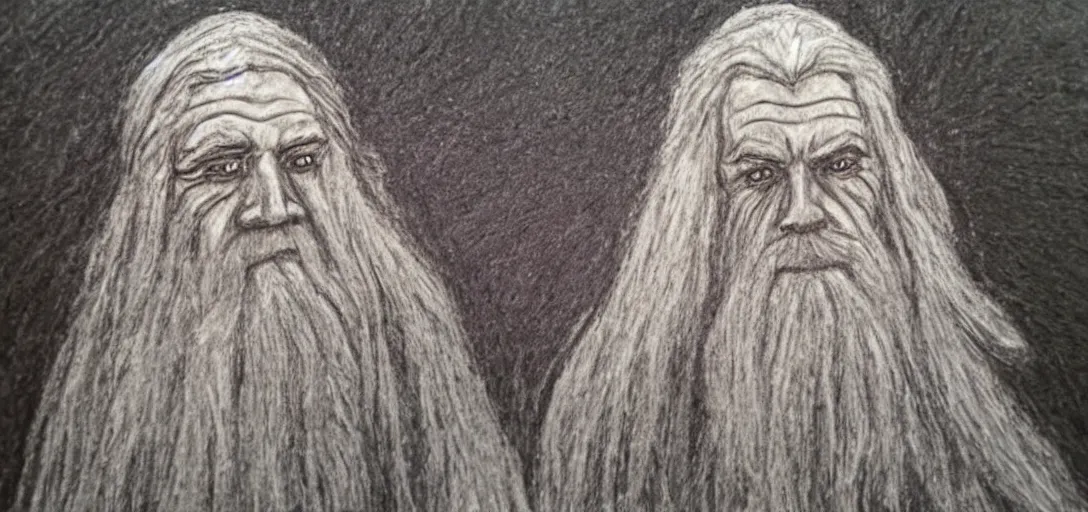 Image similar to Gandalf poorly drawn in wax crayon by a five-year old