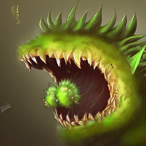 Image similar to Plant monster with toothed jaws and amber teeth, green thistle fur, anime visual, trending on art station