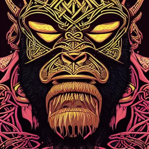 Prompt: barong family member, viking warrior, viking beard, king kong, wiwek, mara demon, one single tribe member, jungle, one single mask, dark, ancient warrior, tribal, inner glow, art by dan mumford and justin gerard