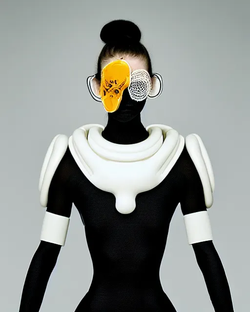 Image similar to portrait of a woman wearing a white embroidered translucent silicone mask and white yellow frizzy hair buns, wearing a black bodysuit by alexander mcqueen, cream white background, soft diffused light, biotechnology, humanoide robot, bjork aesthetic, translucent, by rineke dijkstra, intricate details, highly detailed, masterpiece,