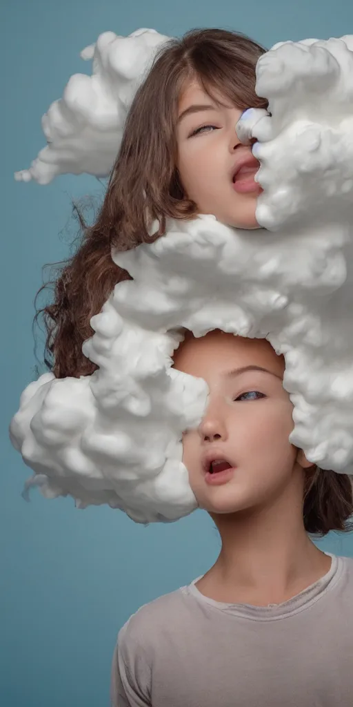 Image similar to beautiful girl made of an aggressive cream drop cloud in water