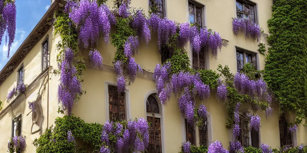 Image similar to photo of a rococo house with wisteria flowers, wallpaper, arhitectural shot, national geographic, award arhitectural photography, professional arhitectural photography, sunny, day time, beautiful, warm light, fernando guerra, tekla evelina severin, karen vikke