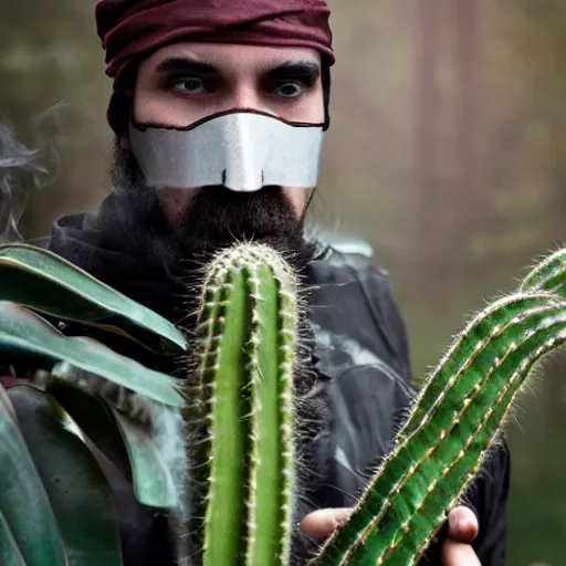 Prompt: spartan drinking tea with trichocereus background and smoke haze, photo