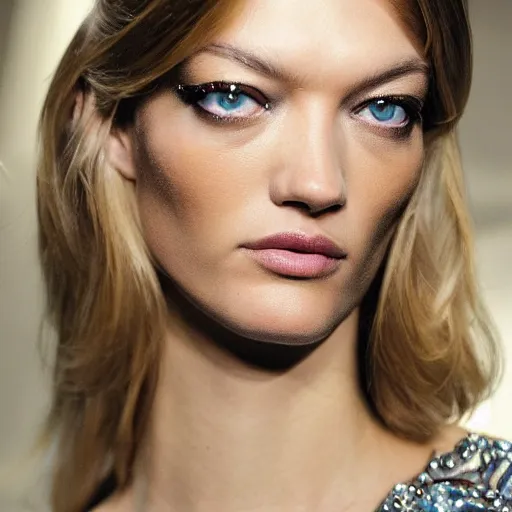 Prompt: A beautiful portrait of Martha Hunt as a model at Chanel fashion show as a model Spring/Summer 2010, highly detailed, in the style of cinematic, Milan fashion week backstage, Extreme close up, Makeup by Pat McGrath, Hair by Guido Palau