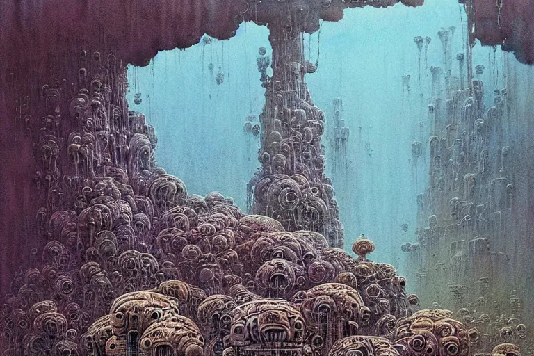 Image similar to a surreal and awe - inspiring science fiction landscape, alien plants and animals, intricate, elegant, uplifting, happy, inspirational, highly detailed watercolor painting by beksinski and simon stalenhag