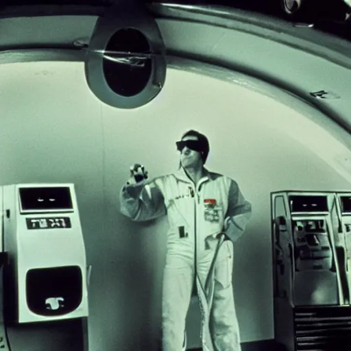 Prompt: a gas station in space, 3 5 mm film, by robert altman