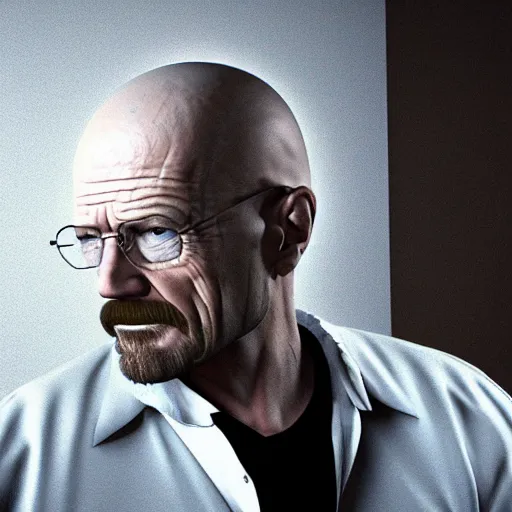 Image similar to 3 d render of scared walter white standing in a white room with no escape,