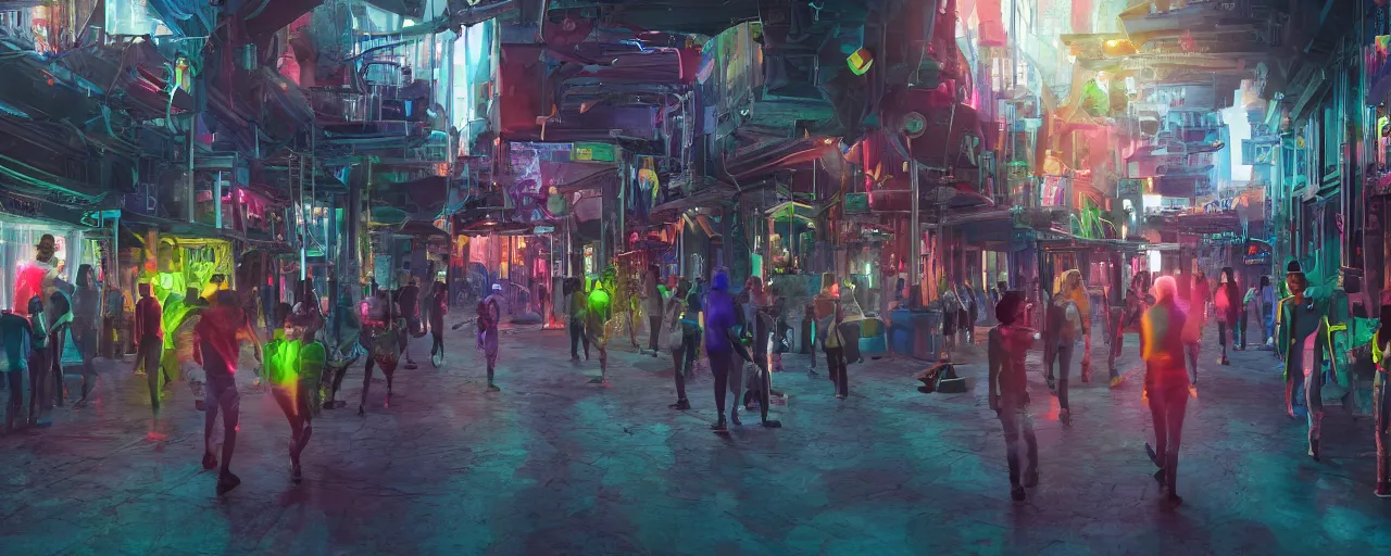 Image similar to A colorful science fiction neigbourhood, in the future. The walls change colour and shape depending on the clothing of the people walking in front of them, epic lighting, 8K, volumetric light, lightrays, 35mm, urban, hyperrealistic, insanely detailed, atmospheric