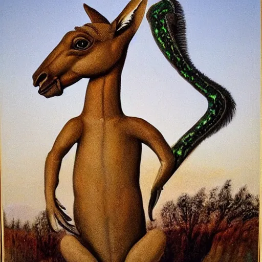 Prompt: kangaroo with claws a horse head and lizard tail