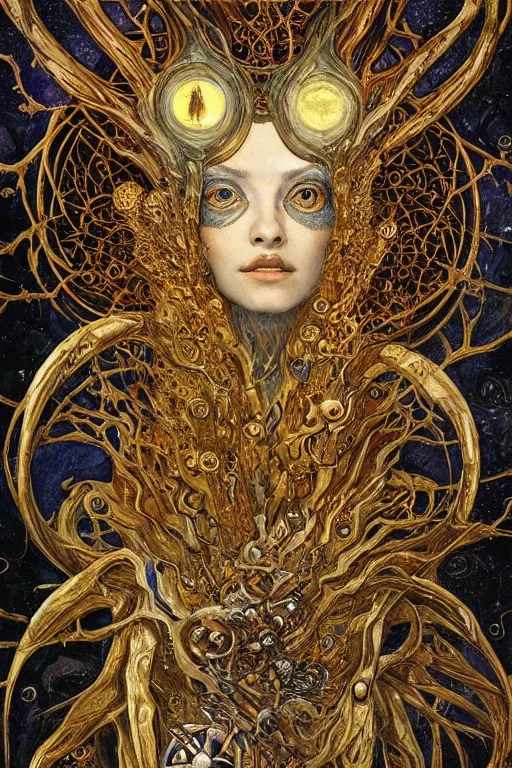 Image similar to The Wreath of Thorn and Bone by Karol Bak, Jean Deville, Gustav Klimt, and Vincent Van Gogh, otherworldly, fractal structures, arcane, prophecy, ornate gilded medieval icon, third eye, spirals